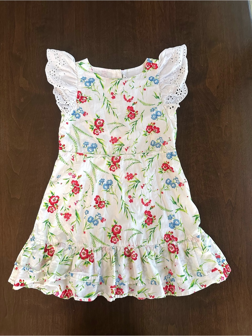 Janie and Jack Girls White Floral Ruffle Dress with Eyelet Sleeves
